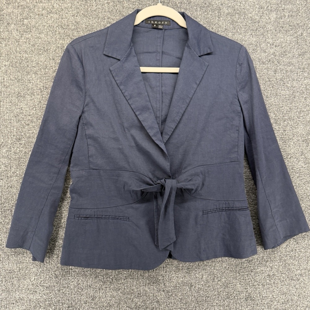 Theory Blazer Jacket Womens 8 Blue Linen Blend Snap On Old Money Quiet Luxury